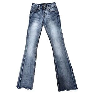 FIRE & RAIN Bootcut Mid Rise Stretch Blue Denim Jeans Size 0 with fringe cuffs